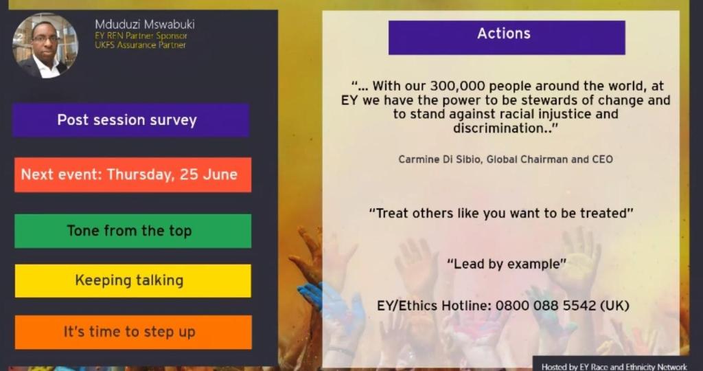 Great to see over 1500 @EY_UKI people join a webcast hosted by our Race &amp; Ethnicity Network today to share their experiences. It’s vital we continue these open and honest conversations to maintain momentum. There’s more to do. We are listening and taking action.