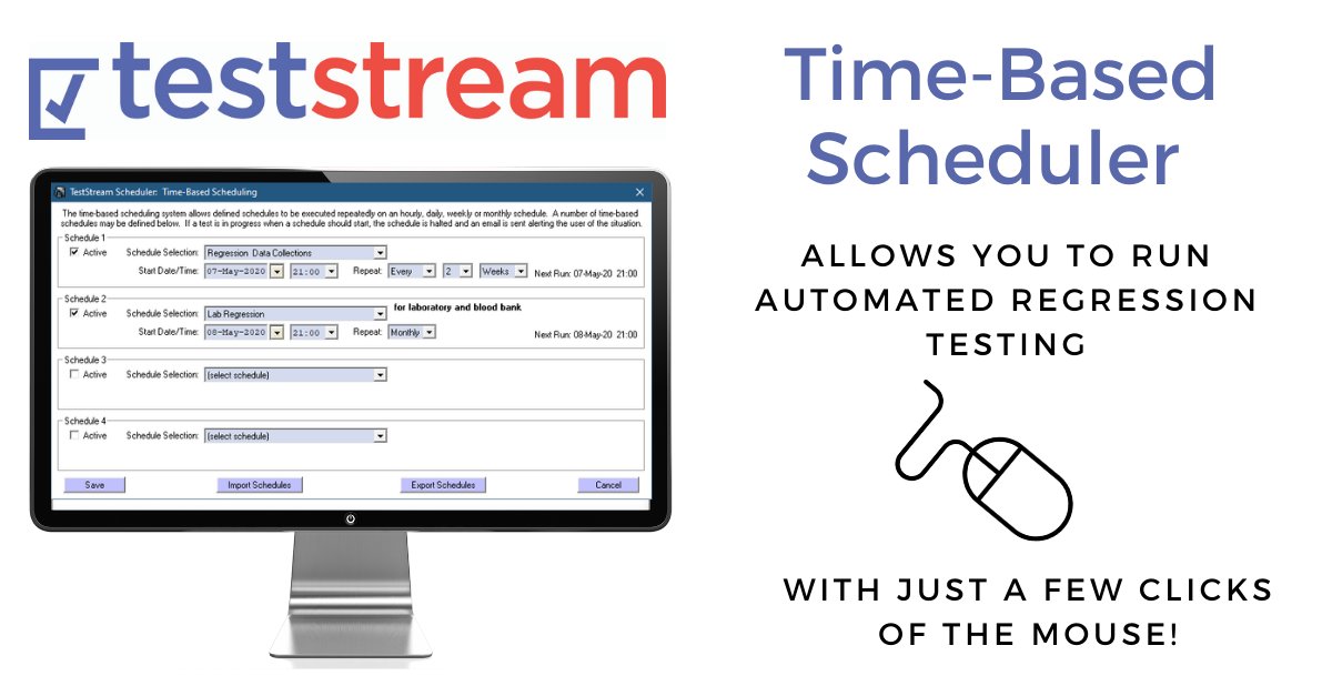 VedantHealth's tweet image. Change is constant when it comes to healthcare information systems, and your system is only as good as your last test. TestStream&apos;s Time-Based Scheduler allows you to run regression testing on a regular basis with just a few clicks of the mouse. #automatedregressiontesting