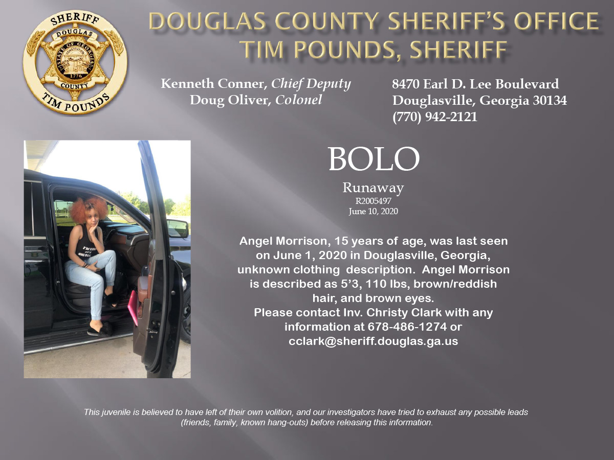 #MISSING: Angel Morrison, 15, was last seen on June 1, 2020 in Douglasville, GA, unknown clothing  description. She is described as 5’3, 110 lbs, brown/reddish hair, and brown eyes. Please contact Inv. Christy Clark with any info at 678-486-1274 or cclark@sheriff.douglas.ga.us