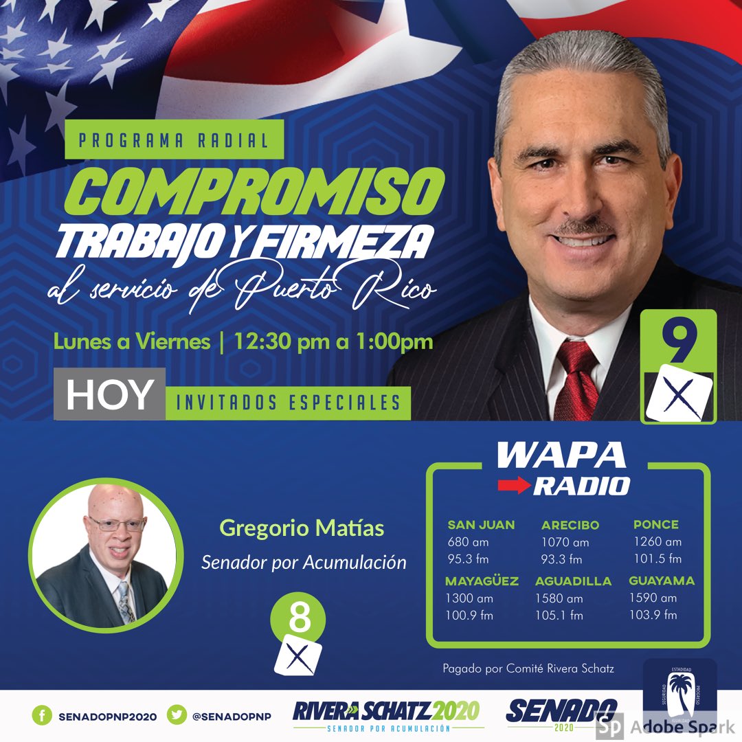 HOY📻• Programa Radial: Compromiso, Trabajo y Firmeza al servicio de Puerto Rico. 

Invitado especial; senador por Acumulación Gregorio Matías. #SenadoPNP