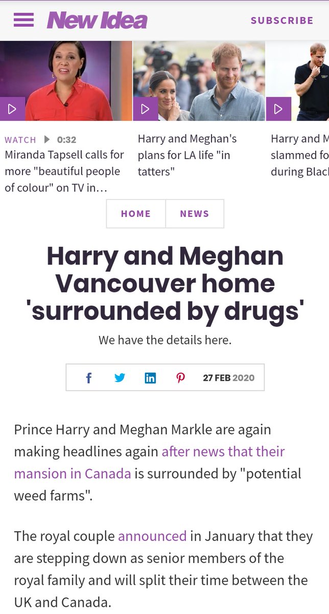 Exhibit 34:  #WeedFarmGate Australian website spins lurid headline that Harry and Meghan are "surrounded" by drugs, but buried in the story you discover cannabis is legal in Canada and the potential farm is "down the road". How far down is not clarified.