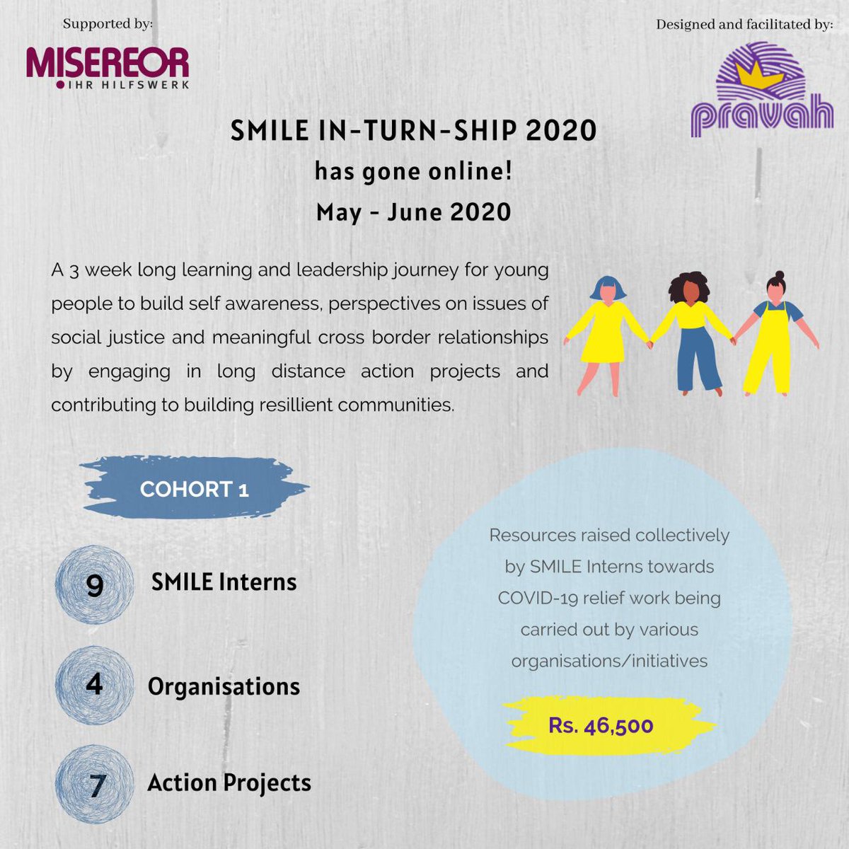 Pravah01's tweet photo. SMILE In-turn-ship has moved online!
Read on to learn about the journeys of SMILE Interns from the first cohort this cycle! #shoutout to all our #interns who have created for us #socialhope, learning, joy and connection.
#youthleadership #5thspace #harbingerofhope https://t.co/fM3dv67iRa
