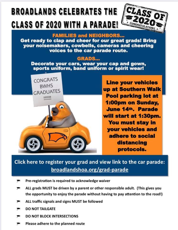 Class of 2020, a parade in the Broadlands is being held in your honor!  #bwhsactivities

pre-register below

broadlandshoa.org/events/grad-pa…