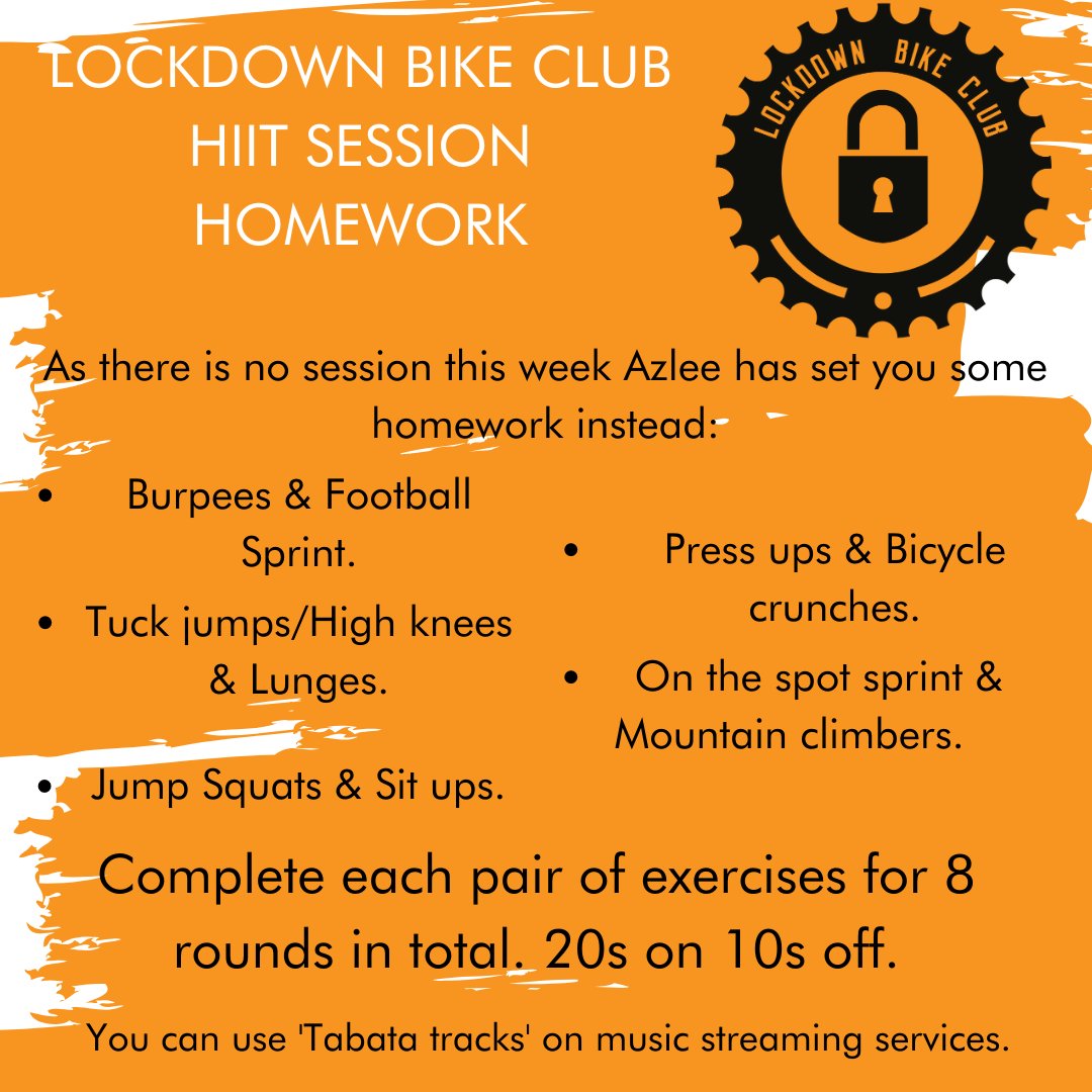 AccessSport's tweet photo. As there will be no Lockdown Live this weekend Azlee has created a workout for all participants to do at home! 20 seconds on 10 seconds off, alternate between the exercises for 8 rounds. 

Remember to warm up and cool down. Enjoy!

#StayActiveWithAccess #lockdownbikeclub https://t.co/O60ENjDpoF