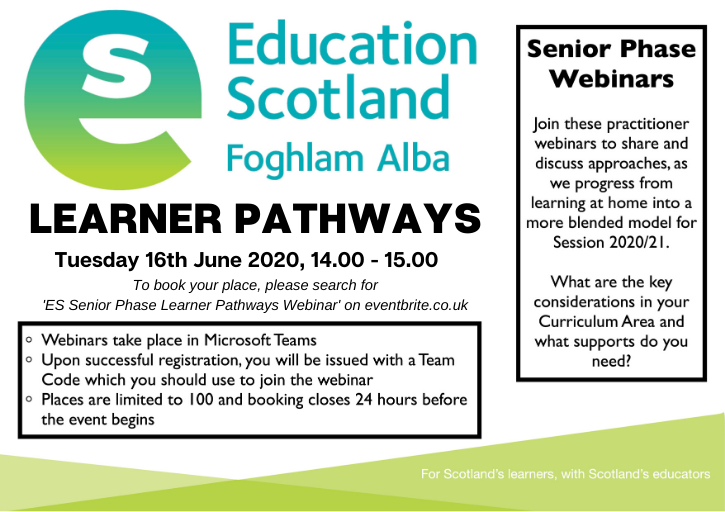 EducationScot's tweet photo. Join us for our Senior Phase Webinar on Learner Pathways on Tues 16 June. This is an opportunity for educators to connect, discuss &amp; share practice on supporting pupils in session 2020/21. Due to the nature of this event it will not be recorded. Book now. 
https://t.co/FpBWhXJll4 https://t.co/jHl6GJ4OaD