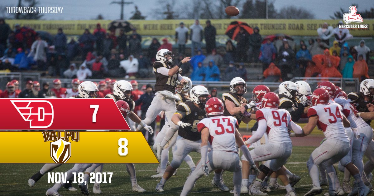 valpoathletics's tweet photo. For today's Hercules Tires #TBT, we revisit a game @valpoufootball fans will never forget. Jarrett Morgan (@2livemorgan) threw a jump pass to Ryan Clarke (@Clarke_Kent10) to convert a two-point conversion, knock off Dayton &amp; clinch the program's best record in 15 years. #GoValpo https://t.co/MWkEKlnjRe