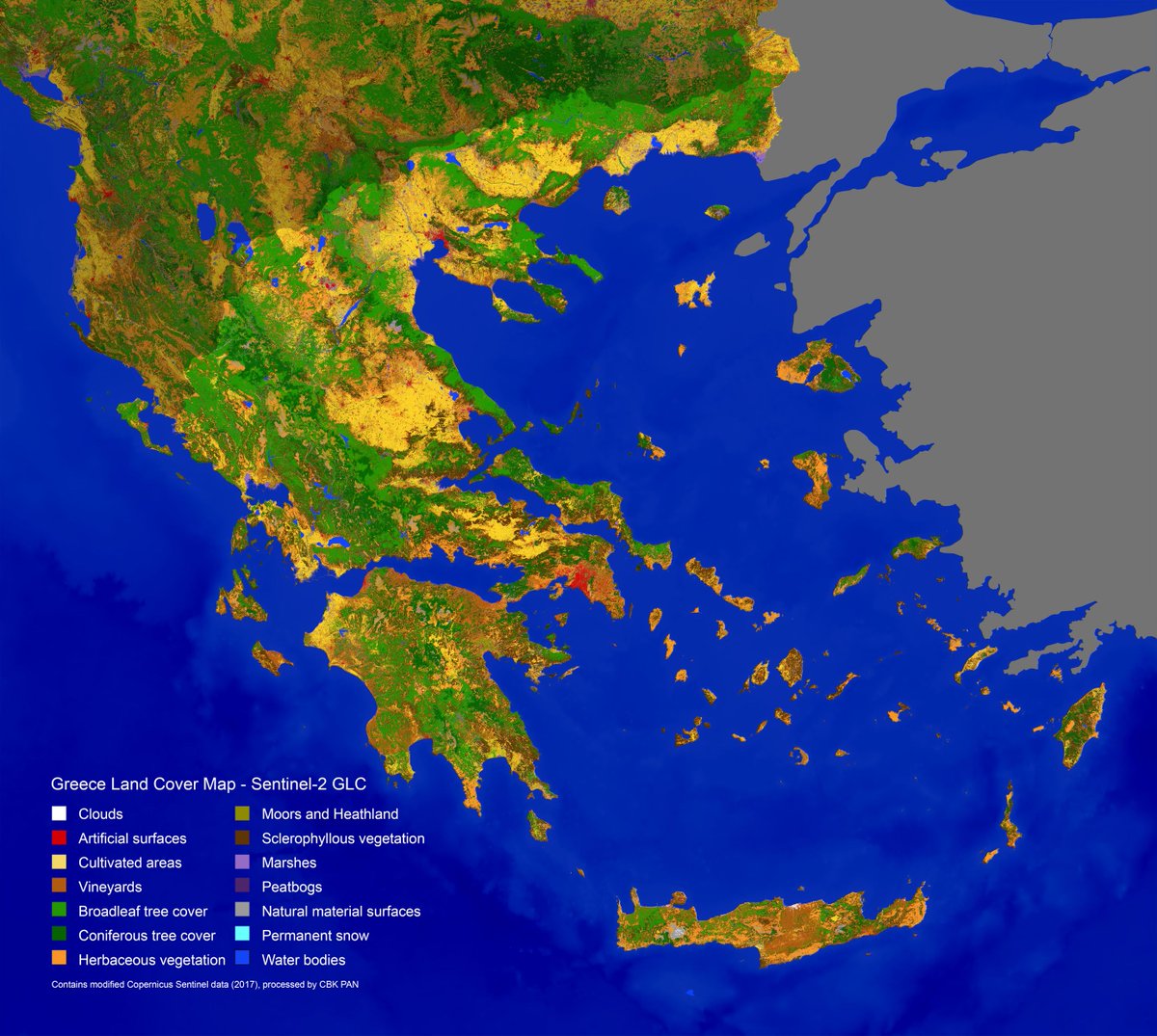 ESA_EO's tweet photo. This #Greece land cover map was created with @CopernicusEU #Sentinel2 images. 
Combining cloud-computing and #AI, researchers at the @esa-funded Sentinel-2 for Science Land Cover project are trying to make land mapping a fully automated process. 
ℹ️ https://t.co/fz3FhUNxGu https://t.co/mXfuBJS7KM