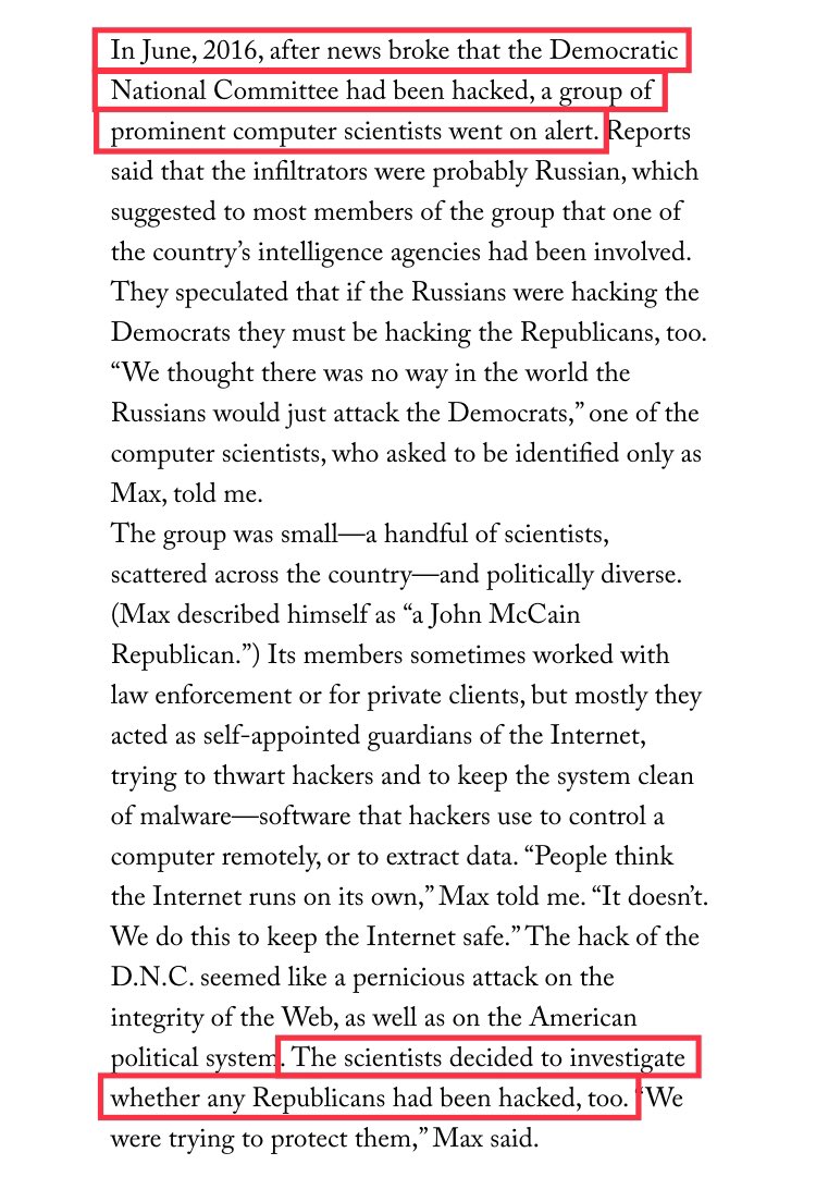 In mid-to-late June 2016, a group of "self-appointed guardians of the Internet" began to investigate whether Republicans, like the DNC, had been hacked by Russians. https://www.newyorker.com/magazine/2018/10/15/was-there-a-connection-between-a-russian-bank-and-the-trump-campaign
