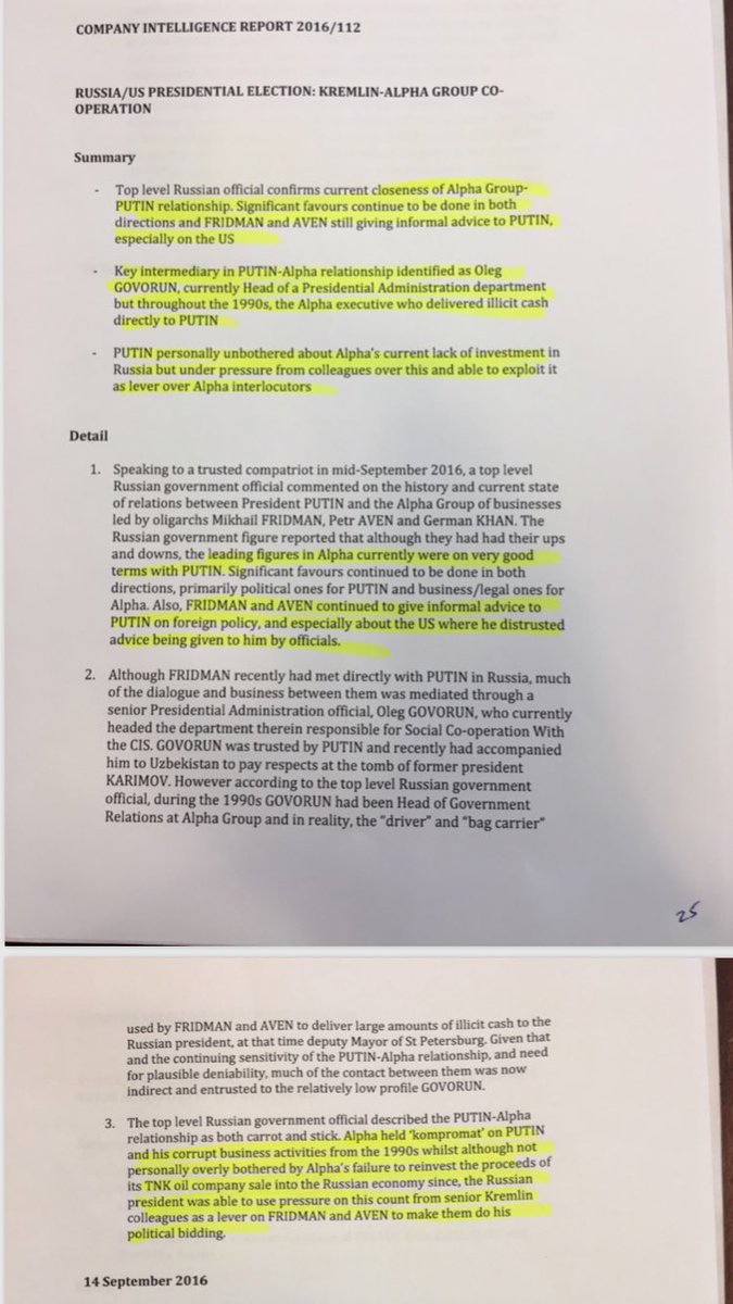 On September 14, 2016, Steele produced Memo 112. This memo alleged that the Alfa Group (parent company of Alfa Bank):1) was using an intermediary to send messages to Vladimir Putin2) had used the same intermediary during the 1990's to send cash bribes to Putin