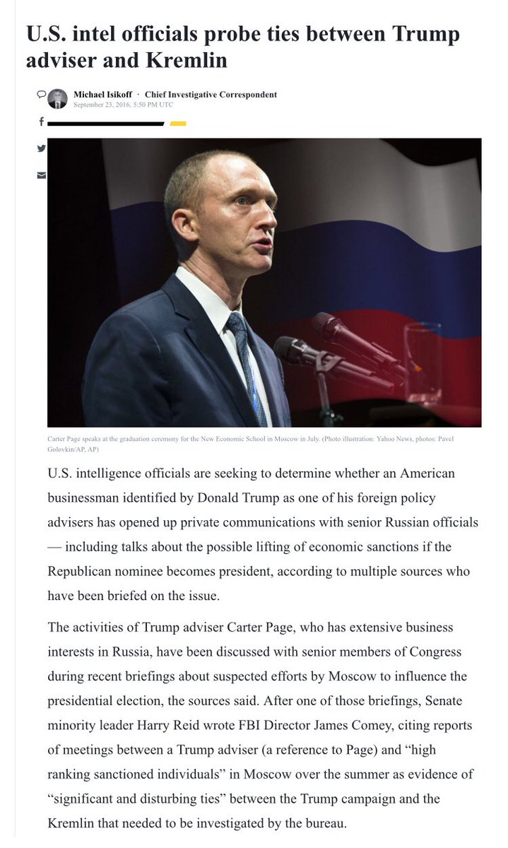 On September 23, 2016, Yahoo! News published "U.S. intel officials probe ties between Trump adviser and Kremlin" https://news.yahoo.com/u-s-intel-officials-probe-ties-between-trump-adviser-and-kremlin-175046002.html