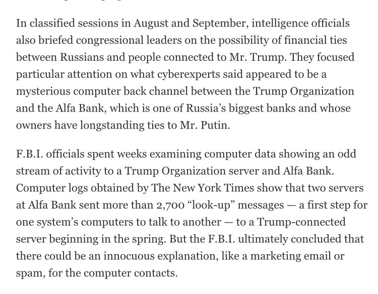 Sometime in September 2016, the FBI's investigation into a possible backchannel between Alfa Bank and the Trump Organization was reportedly closed. https://www.nytimes.com/2016/11/01/us/politics/fbi-russia-election-donald-trump.html