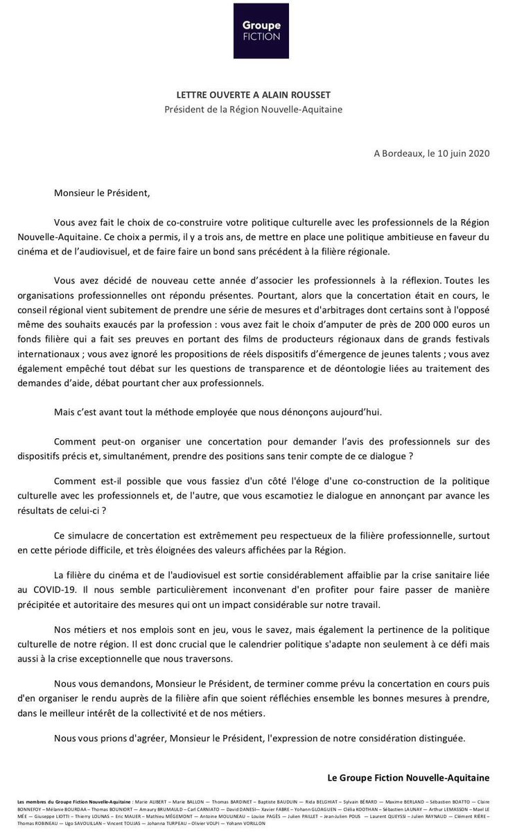 GroupeFiction's tweet photo. Alors que la @NvelleAquitaine a décidé de mettre en place une concertation avec les professionnels du #cinema et de #audiovisuel elle vient de prendre seule des mesures avant la fin du dialogue et en plein déconfinement. #incomprehension #lettreouverte @al_rousset https://t.co/L401gtiUXX