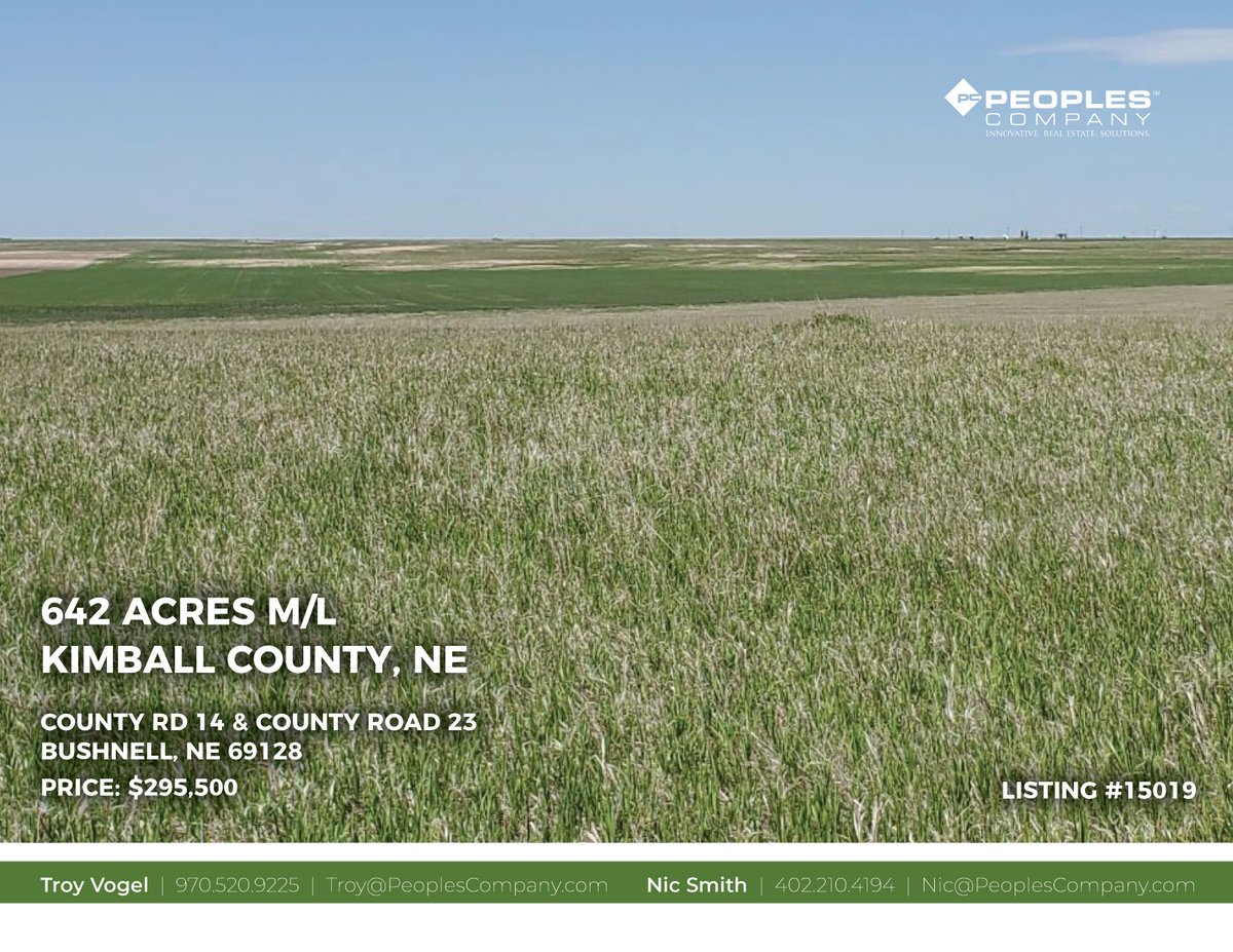 PeoplesCompany's tweet photo. Peoples Company is pleased to offer 642 acres m/l in Kimball County, NE. This full section currently has 513 acres of CRP and 125 acres of pasture. #PeoplesCompany
Agent: Troy Vogel & Nic Smith
Listing #15019 | 🔗https://t.co/AG20DQJflj
#Landavailable #Landforsale https://t.co/mWSbstoC84