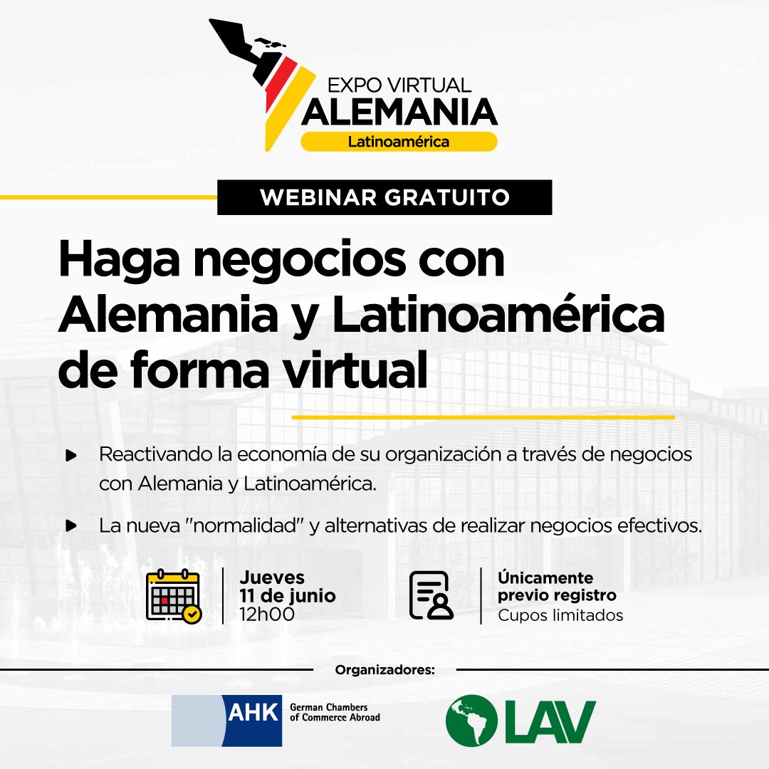 Consultcom_ar's tweet photo. Alemania y Latinoamérica
Hoy participaremos de #ExpoAlemania,  una iniciativa conjunta de las cámaras alemanas (AHKs) de la región y una oportunidad para ampliar redes, generar alianzas, conocer nuevos socios, posibles clientes o proveedores. https://t.co/W2P6qWTxjQ https://t.co/PgWxRSfKtY