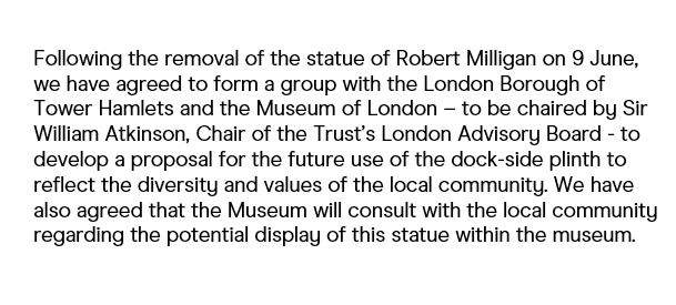 CanalRiverTrust's tweet photo. Please see an update on the statue of Robert Milligan. @EhtashamulHaque @TowerHamletsNow @MuseumofLondon @SadiqKhan #BlackLivesMatterUK #LDNBLM #BlackLivesMatter https://t.co/JmcMCtLJz6