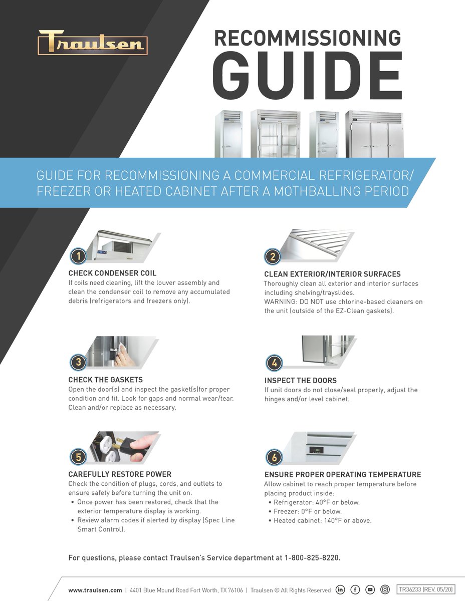 cfed_services's tweet photo. Our priority at CFED is to ensure that your operations are up and running smoothly as you safely reopen. 
Take a look at #Traulsen's recommissioning guide for your refrigeration equipment. 
Please contact us with any questions. 330-668-9643/ info@cfed-ne.com 
 #CFED #support https://t.co/lA96g7to1I