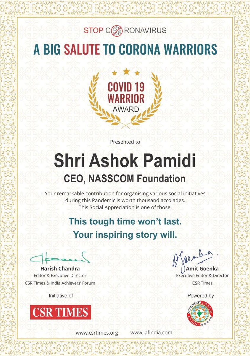 nasscomfdn's tweet photo. We are extremely grateful to #CSRTimes and @iafsummit for honouring @ashokpamidi, CEO, NASSCOM Foundation in recognition of the inspiring #leadership showcased during our #FightAgainstCovid19. https://t.co/hKu4K7rzTD