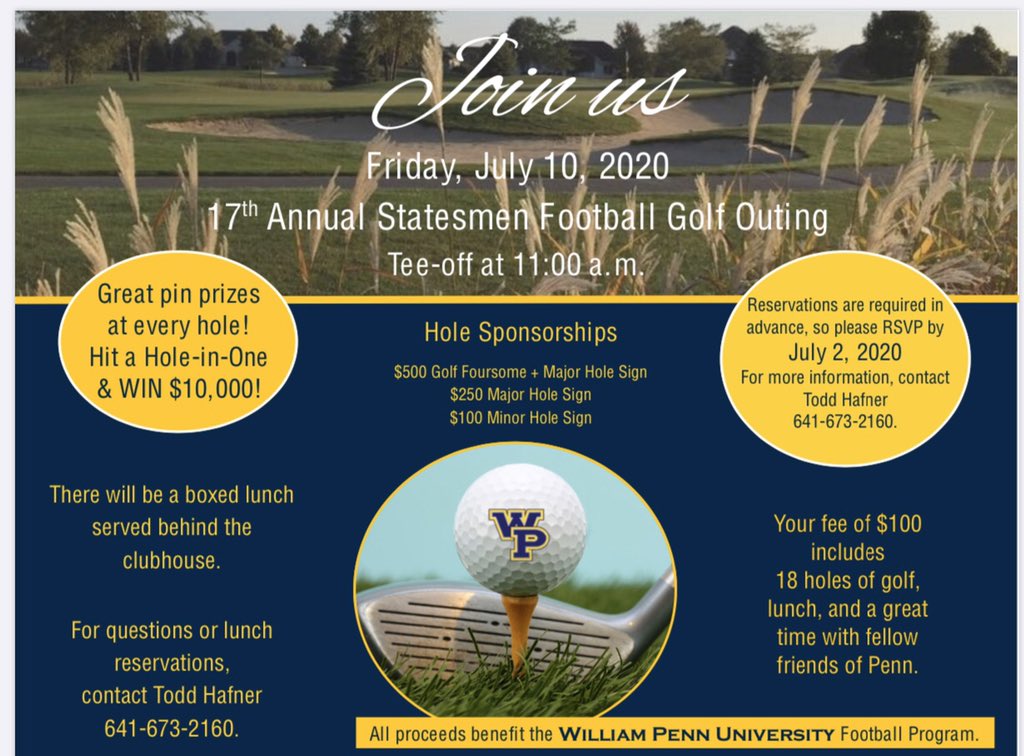 CoachYbarra14's tweet photo. The @WPU_Football golf outing is open to any and everyone! Come out July 10th and have some fun on the course! If you want to play, shoot me a DM and we can make it happen! #StatesmenNation https://t.co/fjgKvB6yiK