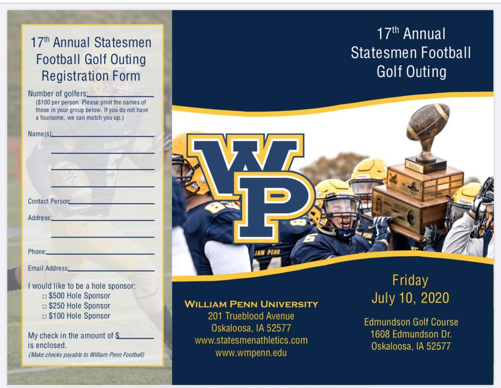 The <a href="/WPU_Football/">𝙒𝙞𝙡𝙡𝙞𝙖𝙢 𝙋𝙚𝙣𝙣 𝙁𝙤𝙤𝙩𝙗𝙖𝙡𝙡</a> golf outing is open to any and everyone! Come out July 10th and have some fun on the course! If you want to play, shoot me a DM and we can make it happen! #StatesmenNation