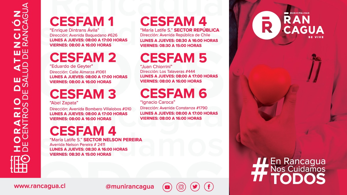 ‼️👆Revisa los horarios de atención de nuestros Servicios de Atención Primaria de Salud en #Rancagua, porque #EnRancaguaNosCuidamosTodos😷‼️
