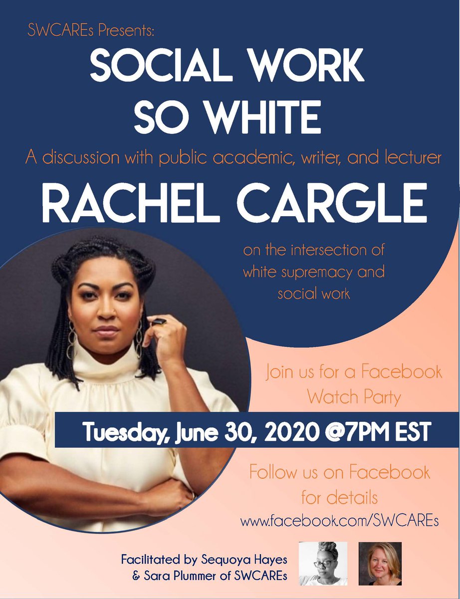 MARK YOUR CALENDARS!

Please join us for a discussion with public academic, writer, and lecturer <a href="/RachelCargle/">Rachel E. Cargle</a>, during which we will discuss the intersection of white supremacy and social work. 

#SWCAREsChat 
#MacroSW 
#SocialWorkSoWhite