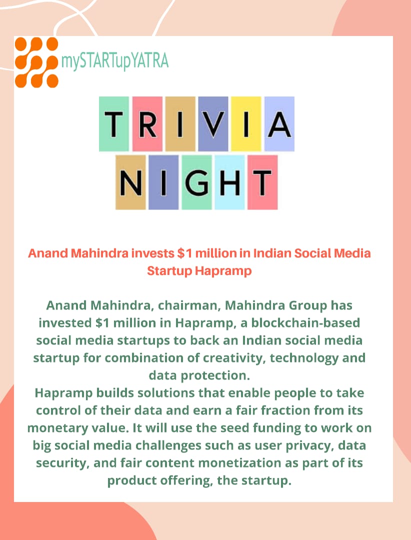 mystartupyatra's tweet photo. Anand Mahindra invests $1 million in Indian social media startup Hapramp
.
#mystartupyatra #trivianight #startupindia #mahindragroup #Hapramp #socialmediaplatform #socialnetworking #blockchain #dataprivacy #contentmonetization #datasecurity #dataprotection #fundingopportunities https://t.co/uKhhjsfURw