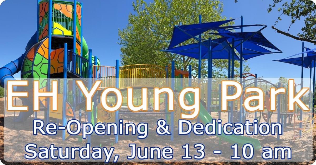 Come celebrate the re-opening of EH Young Riverfront Park Sat, June 13, at 10 am. The re-imagined park now features 8 pickleball courts, a destination playground w/ loads of shade, a dog park, &amp; 1.3 miles of trail. The dog park will remain closed until grass is fully established.