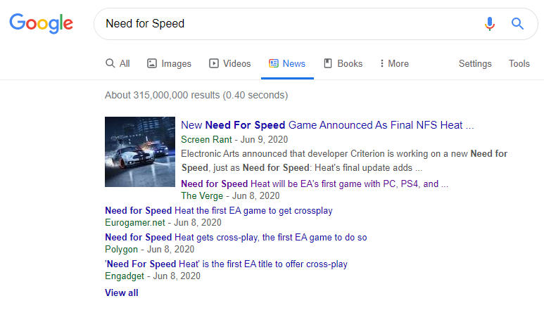 Trending topic of the day in #Gaming: #needforspeed 

Our inLinks Tool shows a growth in weekly trend by + 57% as #NeedforSpeedHeat will be <a href="/EA/">Electronic Arts</a>'s first title to offer cross-play 👍

Check more details on ➡️ bit.ly/2Utxfin