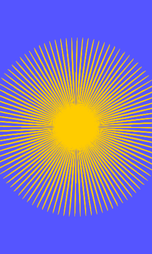 SnowEsamosc's tweet photo. #つぶやきProcessing
朝(morning)
float i,x,y;
size(300, 500);
background(#5555FF);
stroke(#FFCC00);
for (i=0; i<TAU*64; i+=PI/50) {
x=150+floor(i/TAU)*2*cos(i);
y=250+floor(i/TAU)*2*sin(i);
line(x+50*cos(i),y+50*sin(i),x-50*cos(i),y-50*sin(i));
} https://t.co/zl5ZMuIRIs