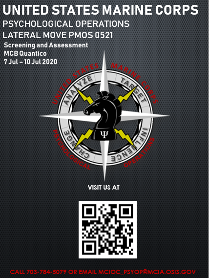 MCB_Quantico's tweet photo. Psychological Operations (PSYOP) 0521 will be conducting a screening and assessment July 7-10, comprised of both physical and academic events. 

If interested contact 703-784-5079 or MCIOC_PSYOP@mcia.osis.gov. https://t.co/z2s3aitjeH