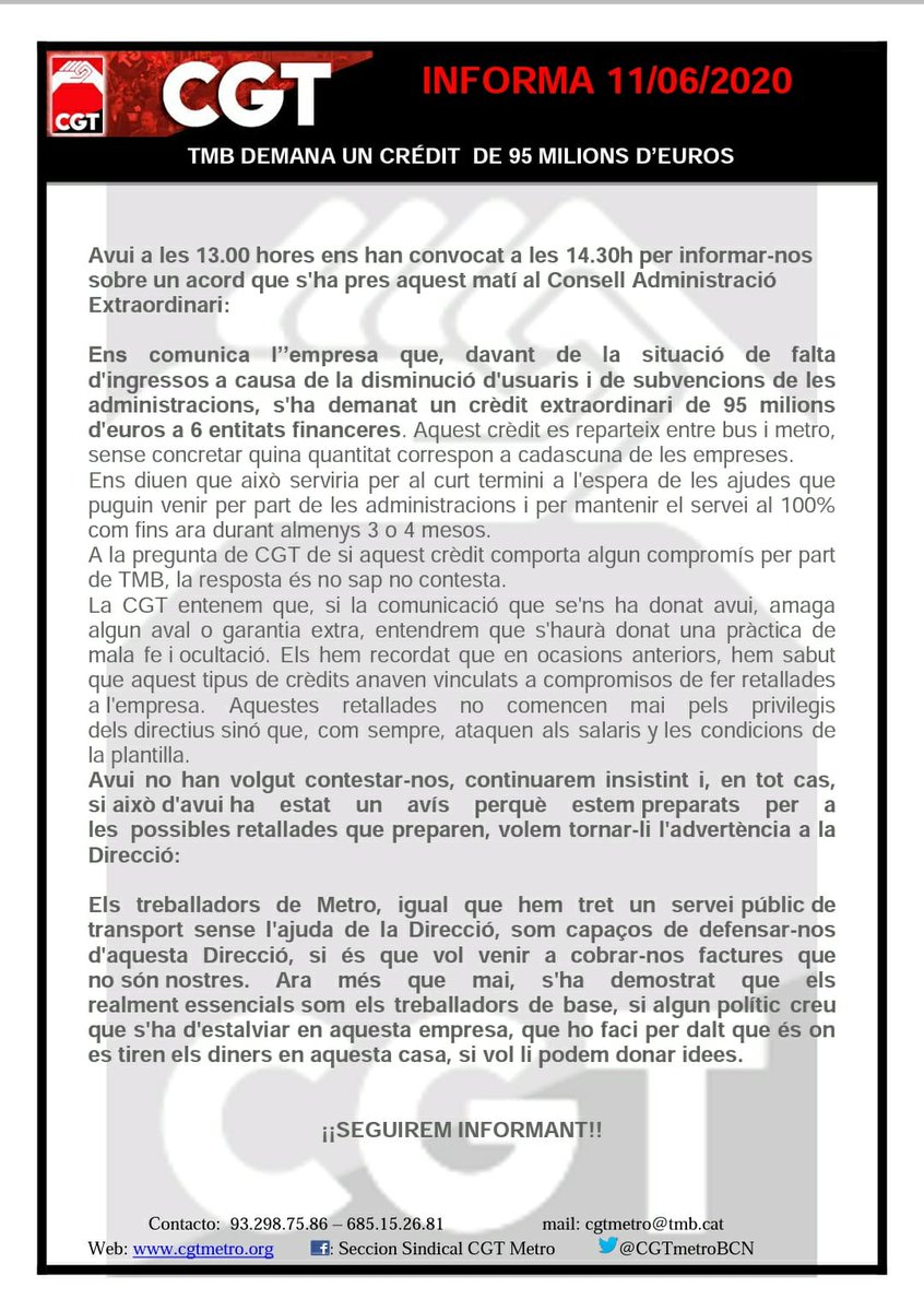 CGTmetroBCN's tweet photo. Just avui que s'han fet públics els salaris de més de 100.000€ d'alguns directius, just avui, ens diuen que demanen un crèdit urgent
No teniu vergonya 🤬🤬
#MetroBcn https://t.co/omXbxHWJsy