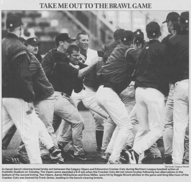 ABDugoutStories's tweet photo. #OTD in 2006: a brawl erupts in #yyc as the @CalgaryVipers & #YEG Cracker-Cats after a series of beanballs. We're sure @drizzle1818 & @GregMorrison448 remember this night. Here's a short video clip as well: https://t.co/yLp2sf2cMS #YYC #BrawlGame https://t.co/xDDzmfi3SV