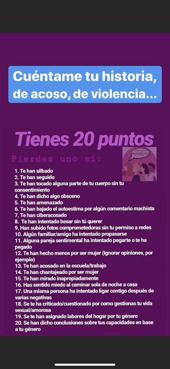NormaVeraSa's tweet photo. De los 20 puntos he vivido 19; y tú ? Cuéntanos tu historia de acoso @94_melissa @AguMorenoQ @ivigarcia23 @jennydeltoro @mavichaga @anelcykatheryne @unacarolamas https://t.co/VzC910A0p6