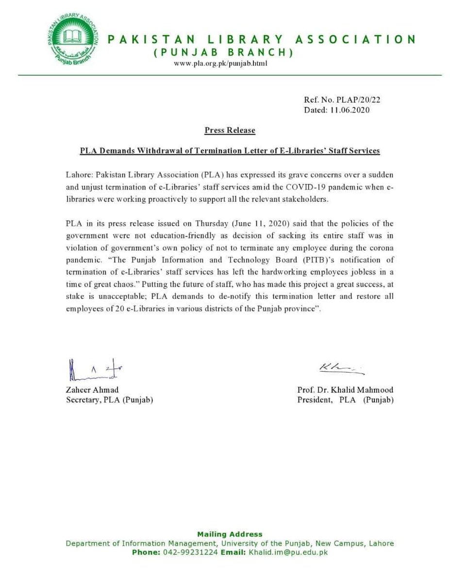 ZeeshanShaukatC's tweet photo. Press Release
Pakistan Library Association Demands Withdrawal of Termination Letter of E-Libraries’ Staff Services

#restore_elibraries_staff https://t.co/iKhi0lM3M1