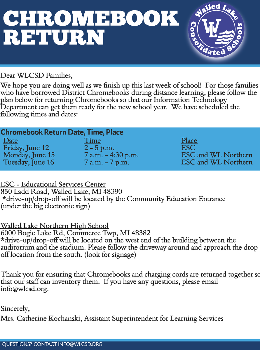 WalledLkSchools's tweet photo. For those families who have borrowed District Chromebooks during distance learning, please follow the
plan below for returning Chromebooks. https://t.co/azoskGFOl1