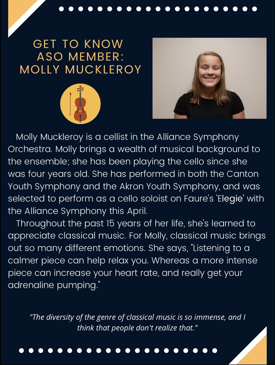 At this time of separation from the orchestra, our members have reflected on their experiences with music and the Alliance Symphony. Meet cellist Molly Muckleroy. <a href="/mountunion/">Univ. of Mount Union</a>