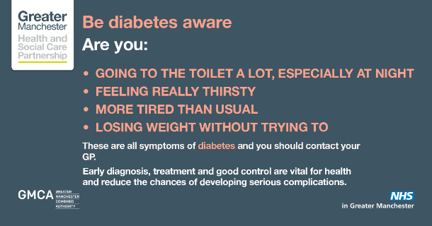 OldhamICP's tweet photo. Would you recognise the symptoms of diabetes?

If you’re going to the toilet a lot, feel thirsty, are unusually tired and are inexplicably losing weight then contact your GP.

Find out more about the support available to diabetics: https://t.co/Pvsn3XU784

#DiabetesWeek https://t.co/SVx4MJhmie