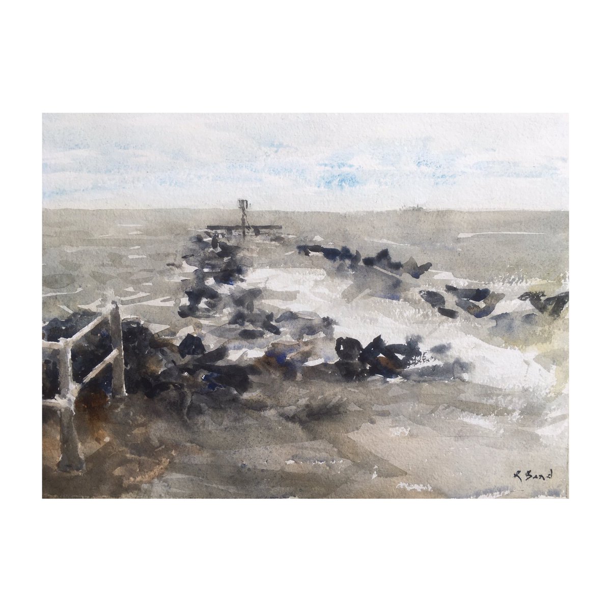 primarypalette's tweet photo. Ness Point, at Lowestoft in Suffolk, the most easterly location in the UK. ‘Rock jetty, Ness Point’. Quarter sheet watercolour on Two Rivers handmade paper. #pleinair #pleinairuk #watercolour #watercolor #tonalpainting #limitedpalette #Lowestoft #Nesspoint #tworiverspaper https://t.co/SuVeFfkEvL