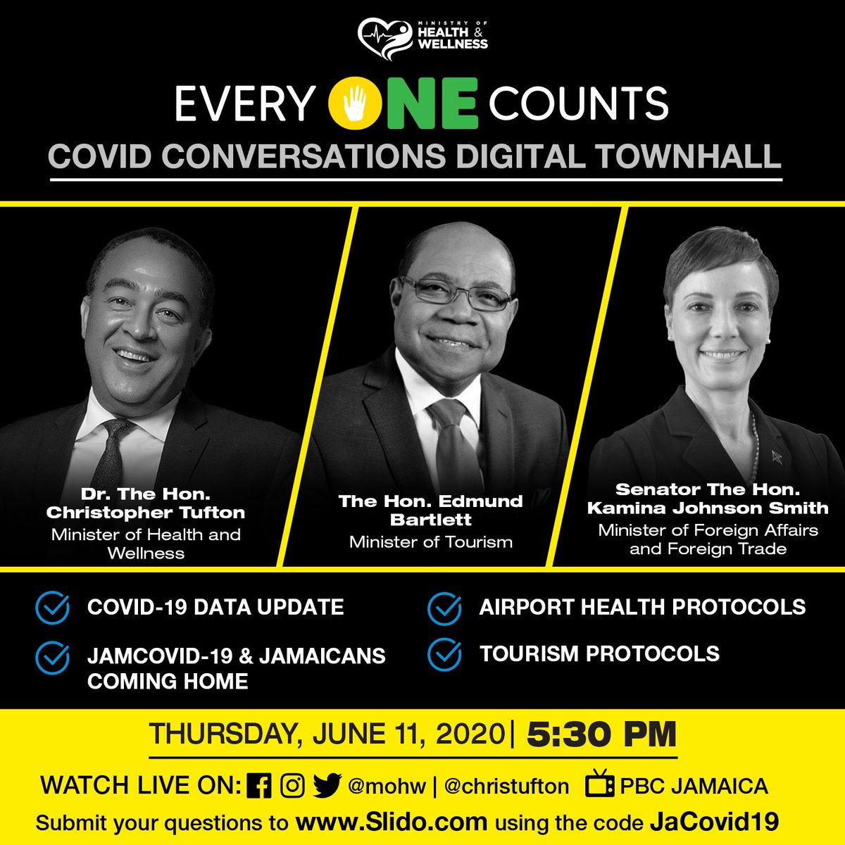 We want you to be a part of the conversation.
 Submit your questions to Slido.com using the code JaCovid19 by 4:00 pm to have them answered. 
Every One Counts. 
#JaCOVID19 #EveryOneCounts #CovidConversations