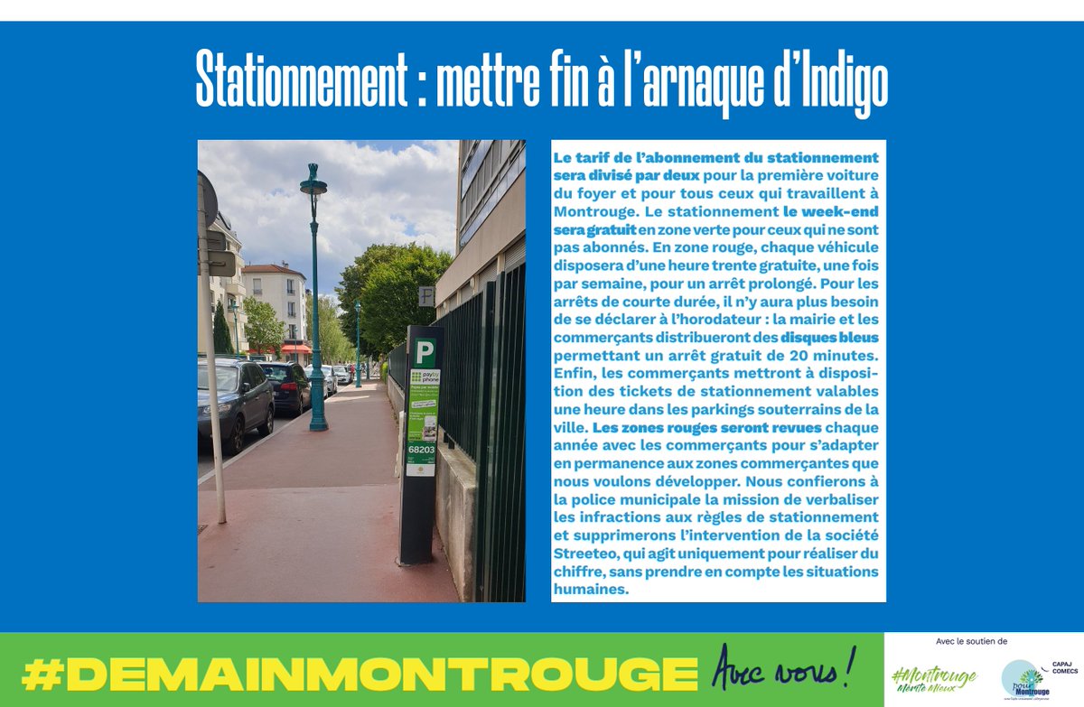 DemainMontrouge's tweet photo. A #Montrouge, réduction surprise du stationnement Indigo... Ne vous laissez pas berner !
🔴Cette baisse n'offre aucune garantie de pérennité
🟢Elle est inférieure à celle permanente de 50% proposée dans le programme de #DemainMontrouge
👉 Notre programme : https://t.co/Oz20zUhHQ3 https://t.co/1Ey0E6FA5f