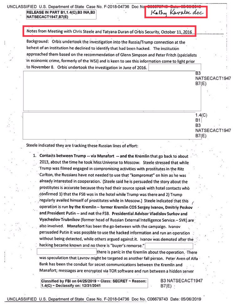 On October 11, 2016, Steele, Tatianna Duran (Orbis), and Jonathan Winer had a meeting at the State Department with Deputy Assistant Secretary of State Kathleen Kavalec. https://www.scribd.com/document/409364009/Kavalec-Less-Redacted-Memo https://www.scribd.com/document/458992503/Steele-deposition