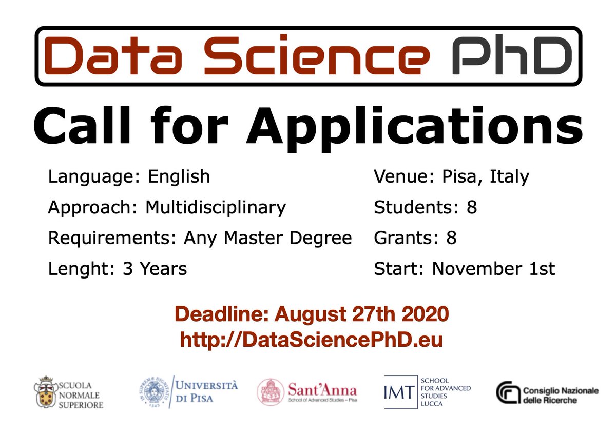 The #CallForApplication for #DataScience #PhD program has been published, open for students of all disciplines, 8 positions available with #grant
Deadline: 27 August 2020
#BigData #Call #AI #ArtificialIntelligence #MachineLearning