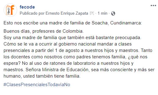 fecode's tweet photo. #ClasesPresencialesTodaviaNo 
Este respetuoso y sentido mensaje es de una madre de familia de Soacha, Cundinamarca. Tiene como remitente a @VictoriaBxE y al @Mineducacion https://t.co/NbzxOk4nrN