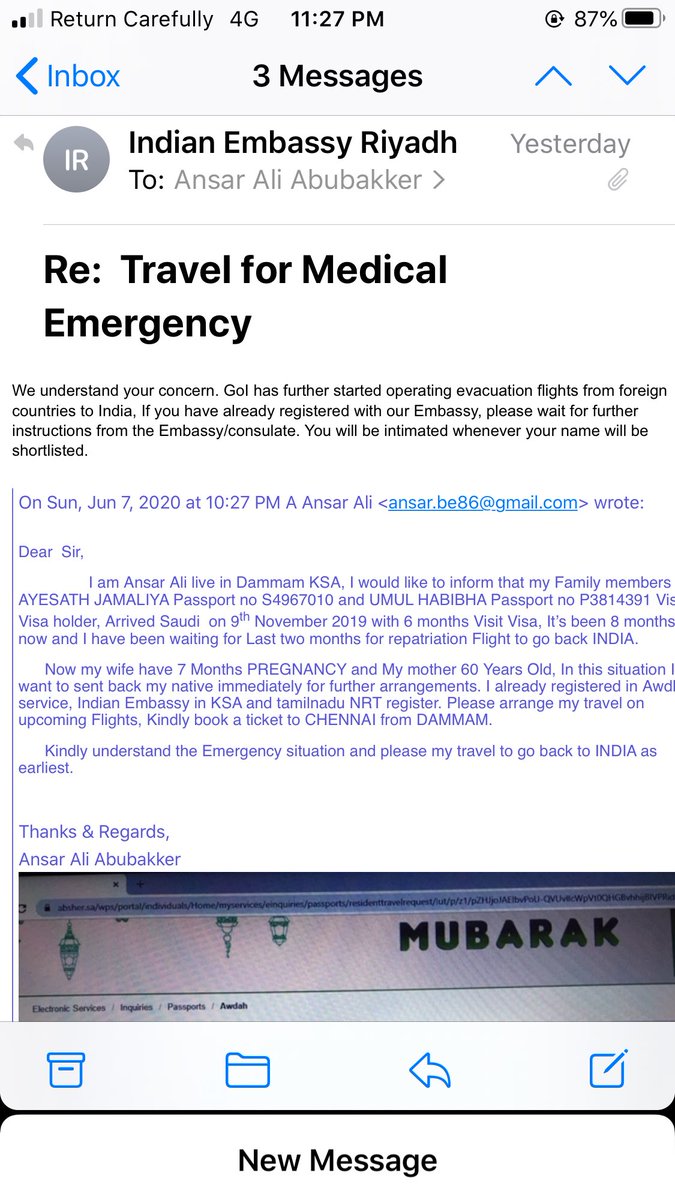 ansar86ali's tweet photo. Dear Gentle of IndianEmbassy Please concern my Medical Emergency, Doctor Advice me, My wife can travel within twenty days only. So please Arrange my travel Phase3 21-June-2020 Dammam to Trichy of Vande Bharath Mission.@IndianEmbRiyadh @thirumaofficial @jawahirullah_MH https://t.co/0nfJ8IB5YA