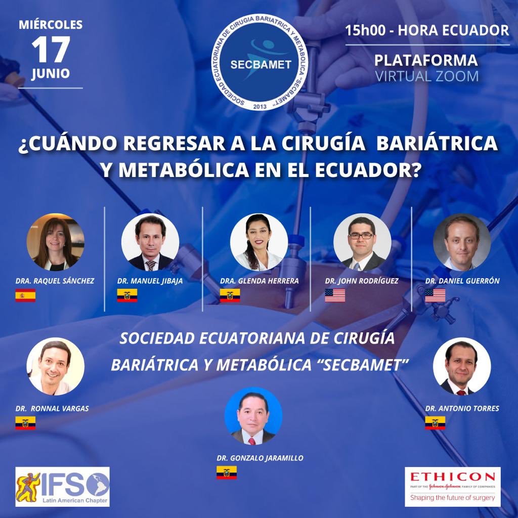 danguerron's tweet photo. Gran panel para discutir cómo y cuándo regresar a la cirugía metabólica en 🇪🇨. Interesante debate epidemiologico vs quirúrgico. Gracias por la invitación de #secbamet @IfsoSecretariat https://t.co/YKqzBjncpL