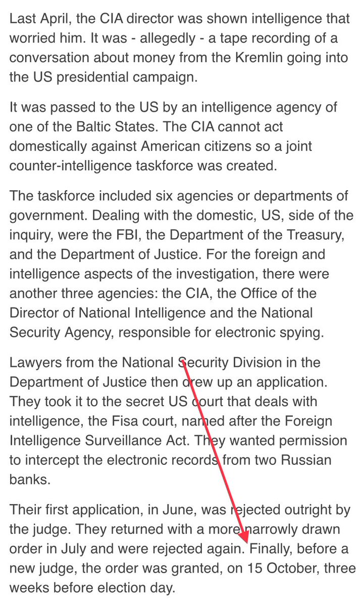 According to the BBC, the FBI was allegedly granted a FISA warrant on October 15, 2016, in order to monitor two Russian banks suspected of financing the 2016 U.S. election. https://www.bbc.com/news/world-us-canada-38589427