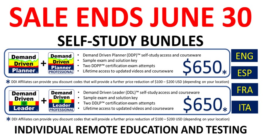 ddinstitute's tweet image. As more live online programs are being scheduled and face to face programs are resuming the sale of our self-study bundles will end on June 30.  Take advantage of this unprecedented deal while you can! demanddriveninstitute.com/self-study #demanddriven #ddmrp #ddpp #ddlp #apics #ascm
