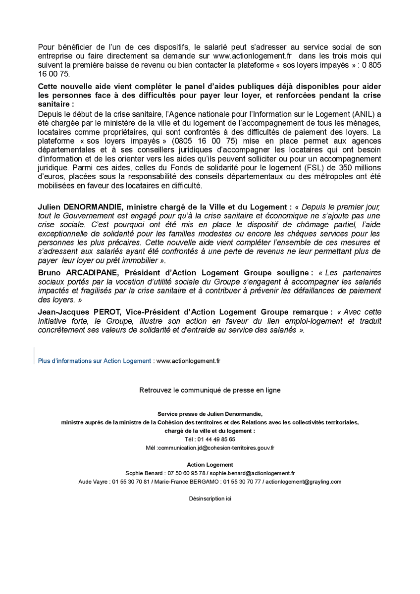 Pour aider les Français qui ont des difficultés à payer leur #loyer du fait du Covid, nous venons d'annoncer avec <a href="/ActionLogement/">Action Logement</a> une #aide de 150€/mois. 
D'autres aides existent, pour toutes les connaître: la plateforme Sos loyer impayés de <a href="/Anil_Officiel/">ANIL</a> 📞0805.16.00.75