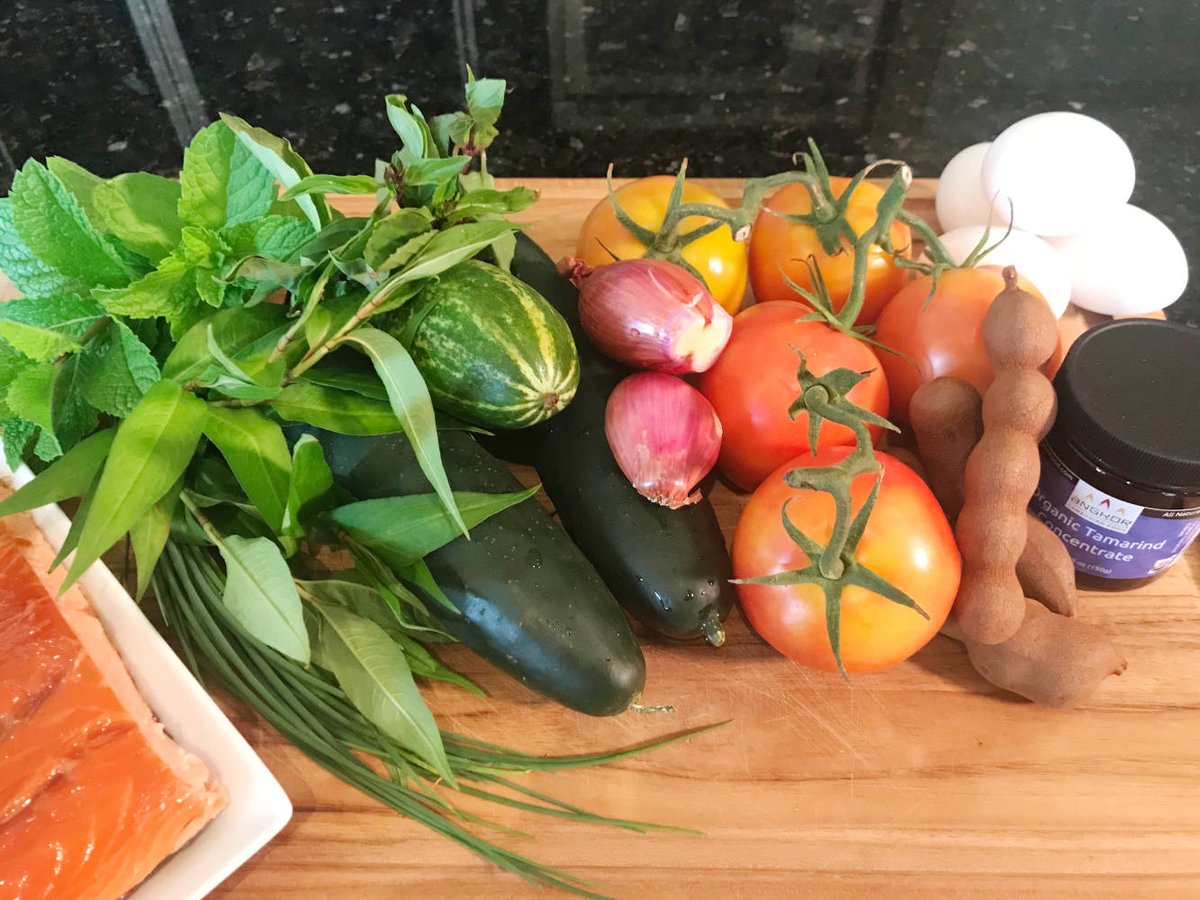 AngkorFood's tweet photo. Cambodian Cold Soup
A cold soup with seasonal summer vegetables, herbs, smoked salmon and sliced hard boiled eggs. Drenched in a savory and sour broth of tamarind and fresh lemon juice.  #gazpacho #tamarindconcentrate https://t.co/lqPwLaahEN https://t.co/VQa05e3iuM