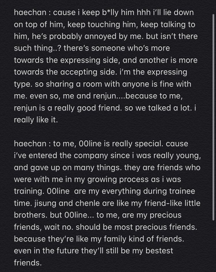 Haechan talking about how precious his 00line friends are to him because they grew up together, they all love each other and get along really well he is more expressing than them but that's his way to show them his love 